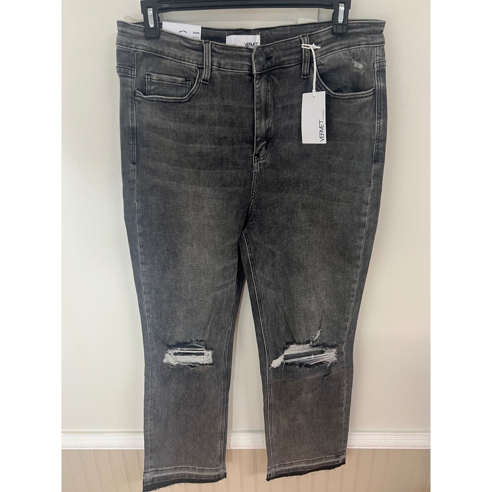 Vervet Jeanne High Rise Slim Straight Distressed Jeans Grey Washed Black 16